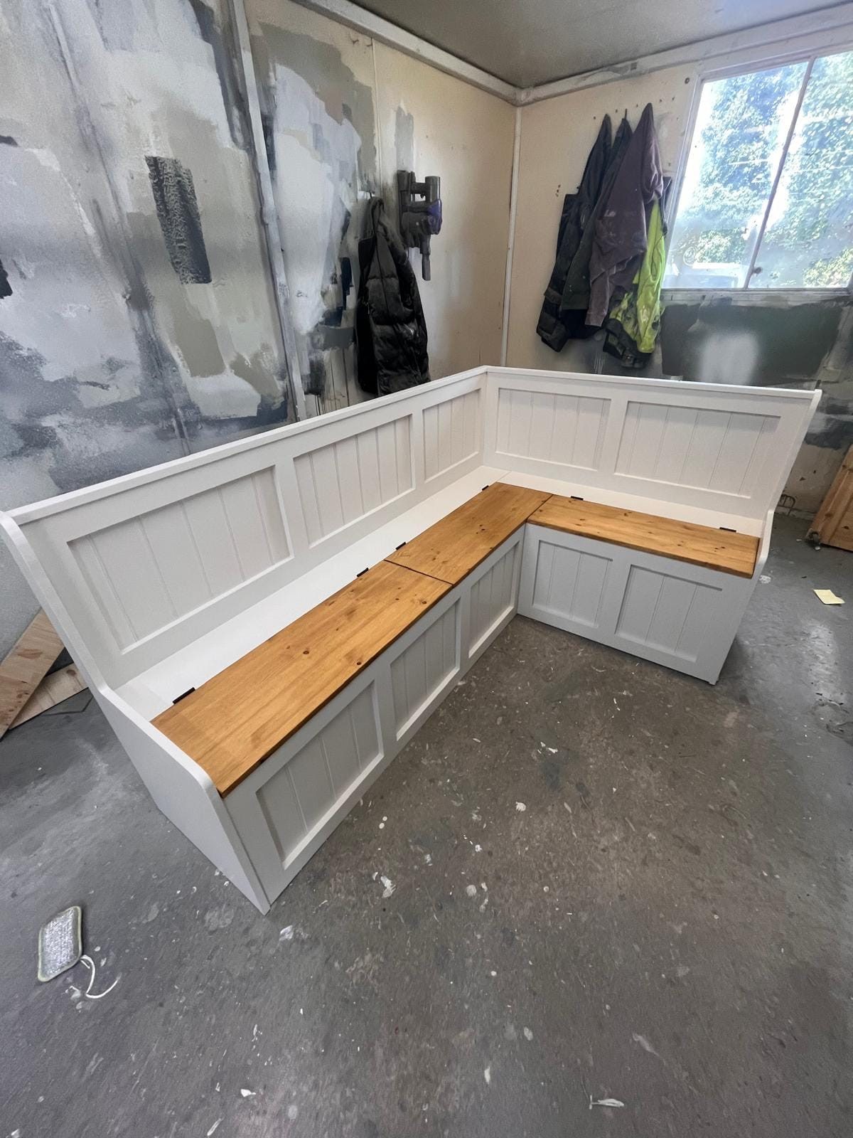 Handmade white L-shape corner storage bench