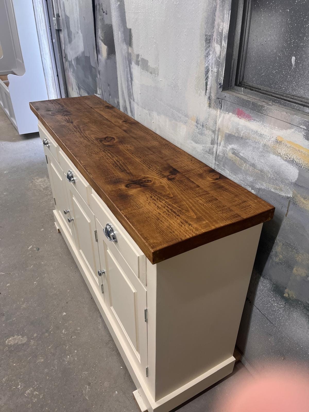 Cream console table with dark stained pine top