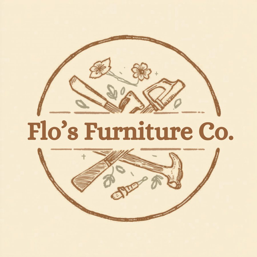 Flo's Furniture Co. logo: brown hand-drawn circular seal showing crossed woodworking tools (hammer, chisel, hand plane and paintbrush) with small flowers and leaves on a warm beige textured background; text reads Flo's Furniture Co.; conveys a rustic, handmade and welcoming tone